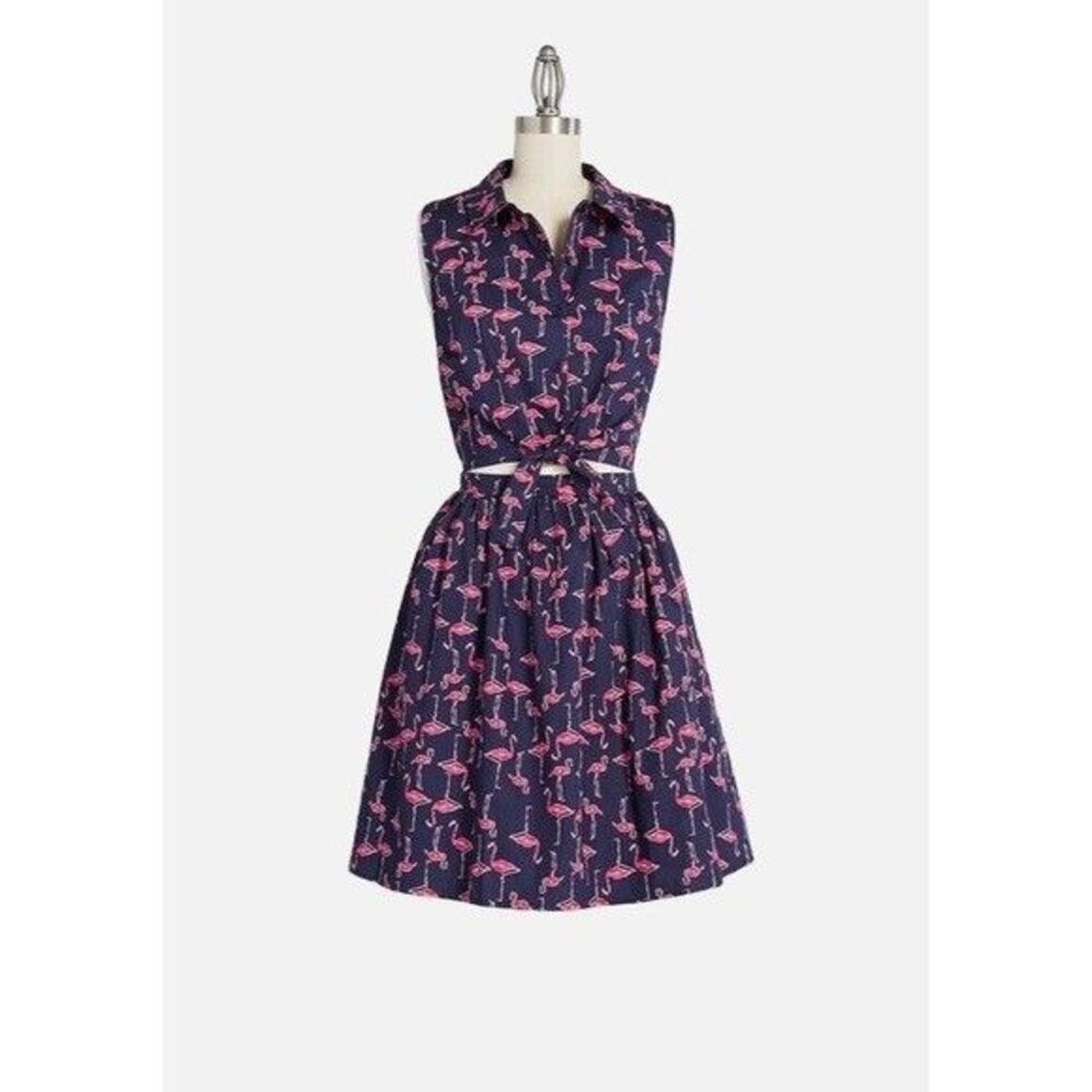 ModCloth Women Flamingo Cut Out Front Dress Sz S Tie Pockets Novelty Retro